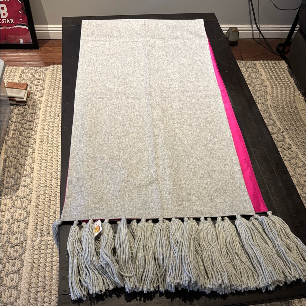 Talbots Vintage Gray Wool Blend Table Runner’s Fringe and Hot Pink Silk Side NWT